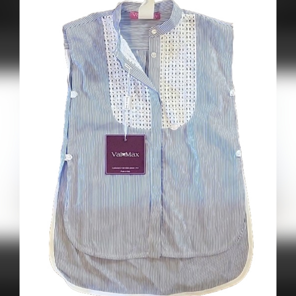 Val Max Italy Girls Lace Blue Pinstripe Sleeveless Button Up Top Size 6 NEW